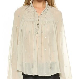 Free People Ready To Run Sheer Smocked Embellished Top Sz S